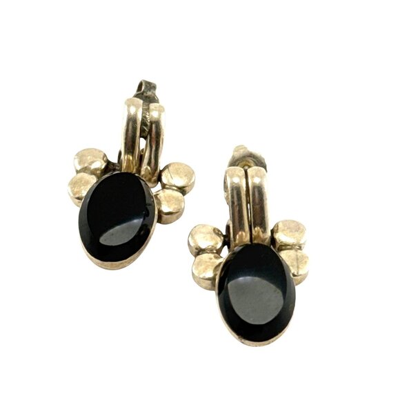 Vintage Mexican Sterling Silver Onyx Post Earrings Taxco Modernist Design - Picture 2 of 8